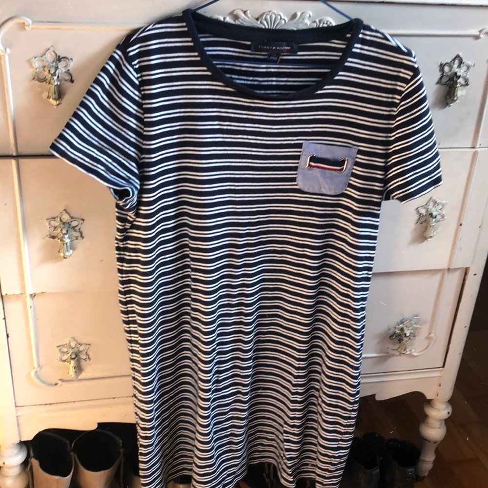 Tommy Hilfiger striped T-shirt dress with denim pocket accent blue and white L